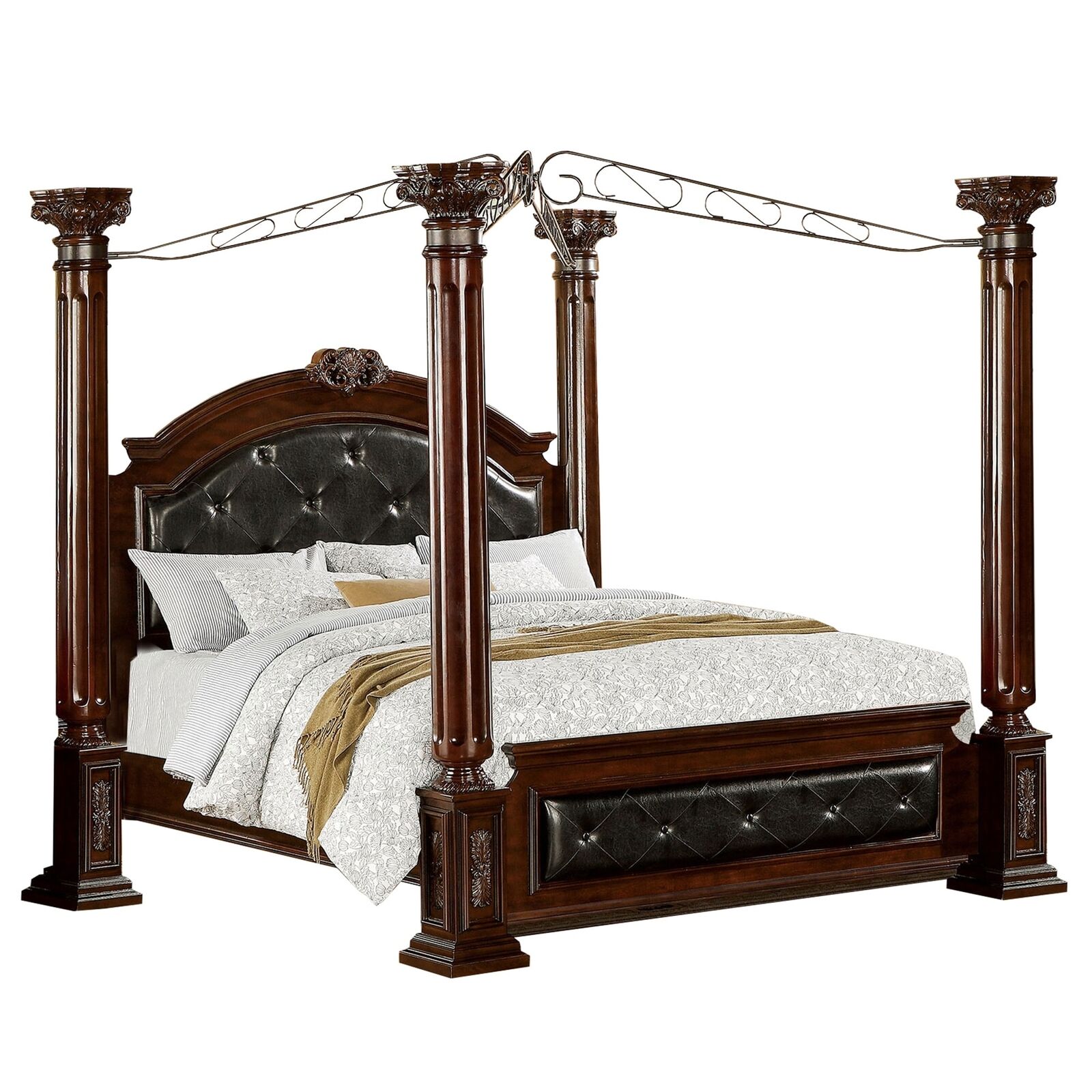 Queen Canopy Bed with Leatherette Headboard and Footboard, Black Queen