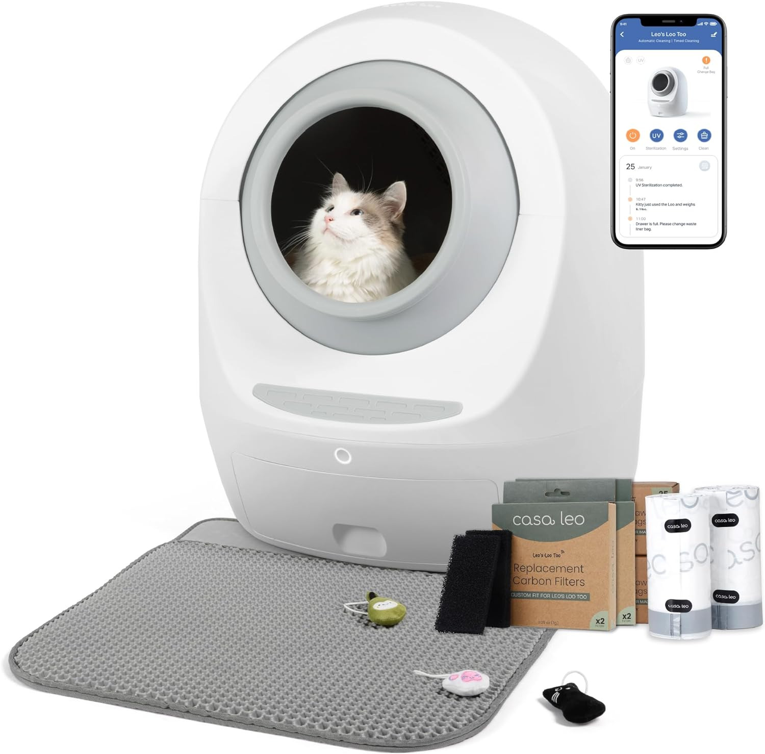 Casa Leo Loo Too Self-Cleaning Litter Box with Anti-Pinch Sensors, Odor Removal,