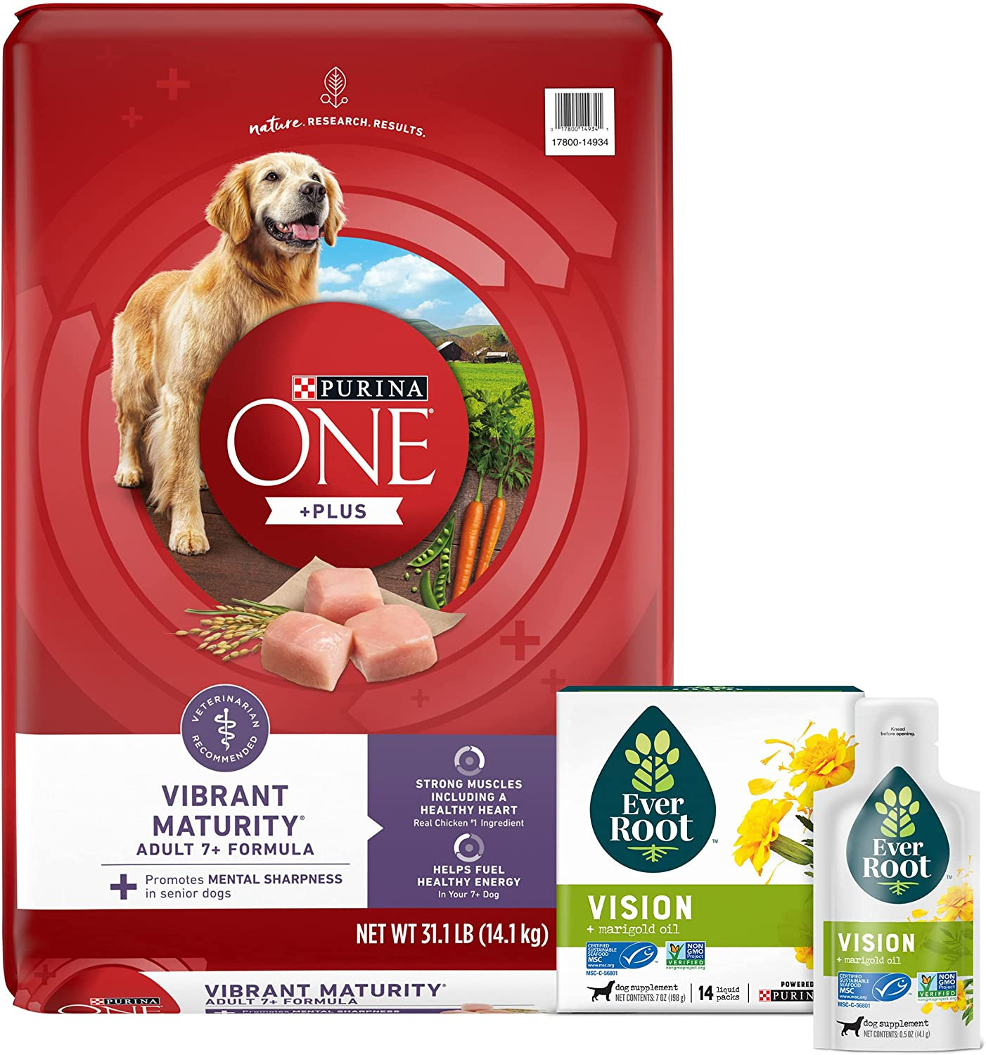 Purina Bundle Pack Senior Dog Food and Eye Care Dog Supplements, ONE +Plus Vibra